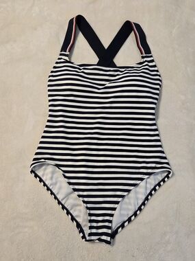 Tommy Hilfiger Navy and White Striped One-Piece Swimsuit Sz 8 Beachy Coastal
